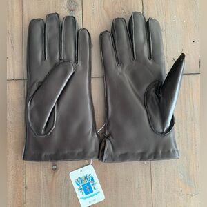 Portolano Mens brown leather gloves faux fur NWT